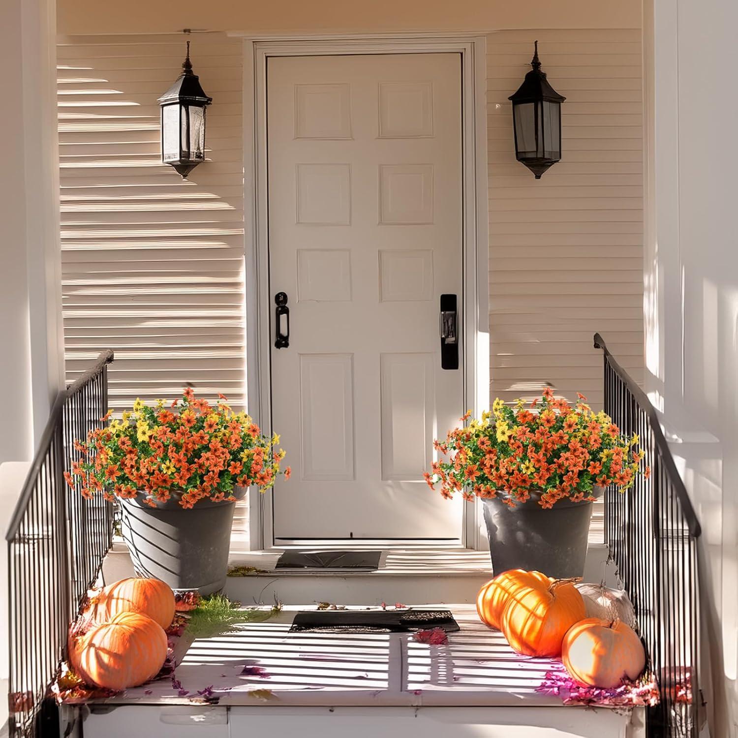 imageHomsunny Artificial Mums Fake Flowers for Outdoors Decoration 12 Bundles Faux Silk Daisy Plants UV Resistant for Outside Garden Front Door Porch Planter Patio Yard MixOrange Yellow Green