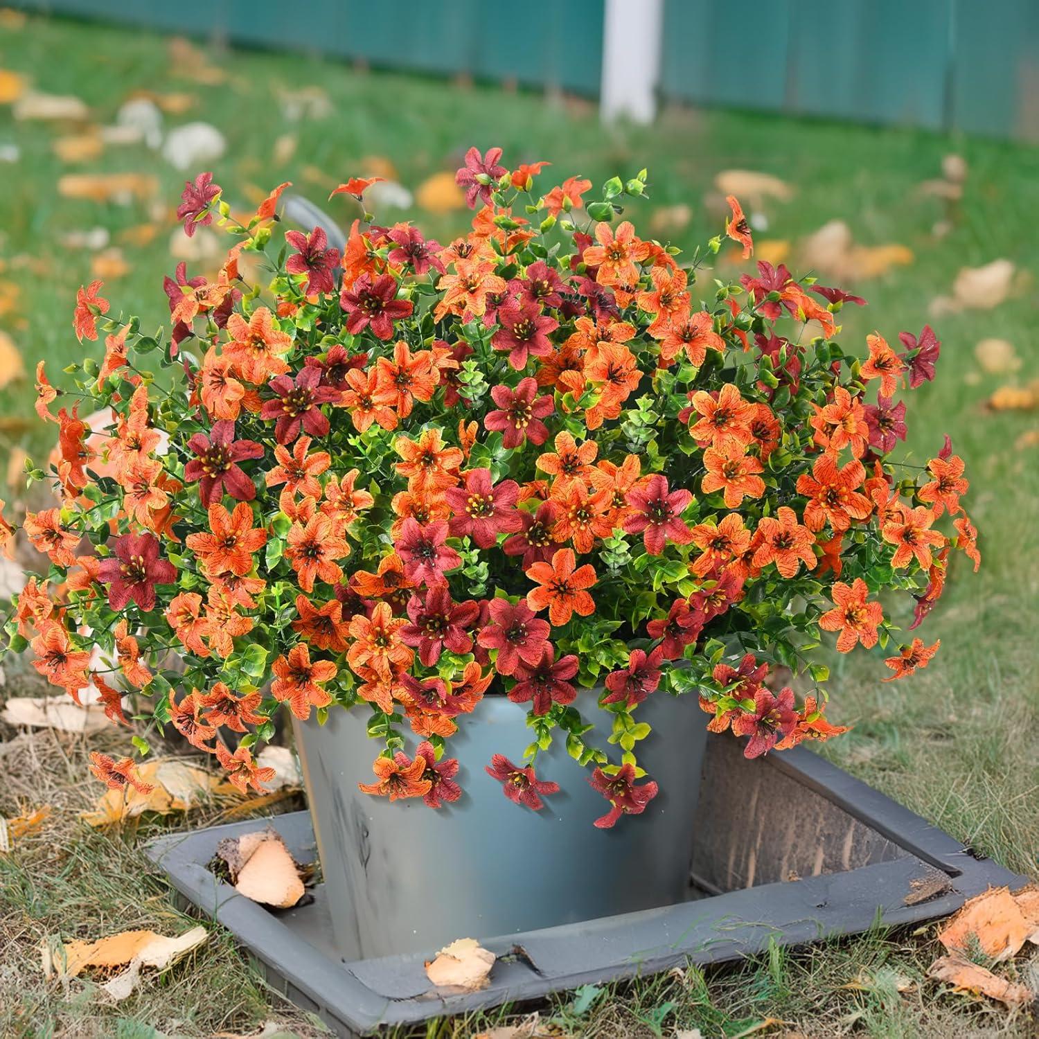 imageHomsunny Artificial Mums Fake Flowers for Outdoors Decoration 12 Bundles Faux Silk Daisy Plants UV Resistant for Outside Garden Front Door Porch Planter Patio Yard MixOrang Brown C