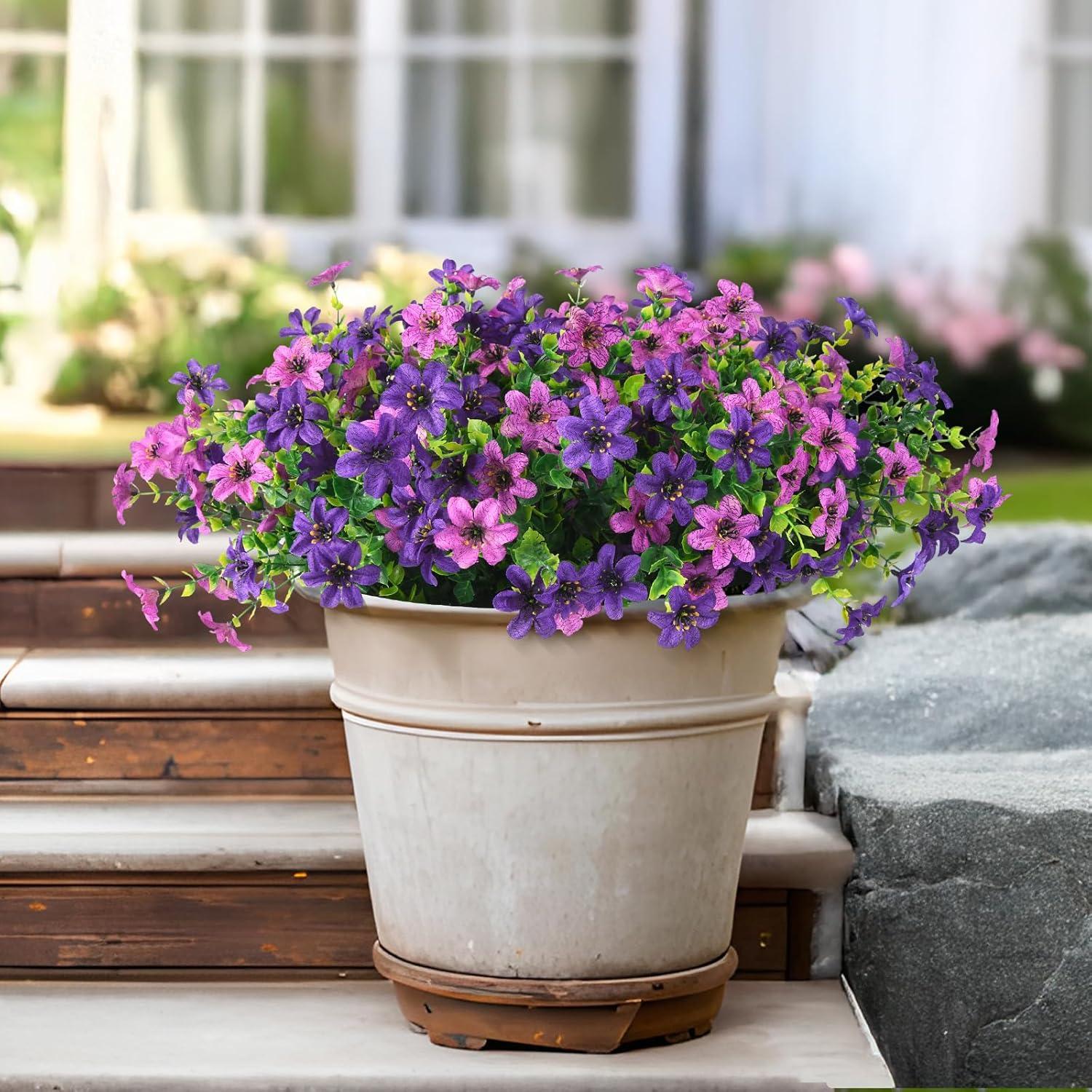 imageHomsunny Artificial Mums Fake Flowers for Outdoors Decoration 12 Bundles Faux Silk Daisy Plants UV Resistant for Outside Garden Front Door Porch Planter Patio Yard MixDouble Purple