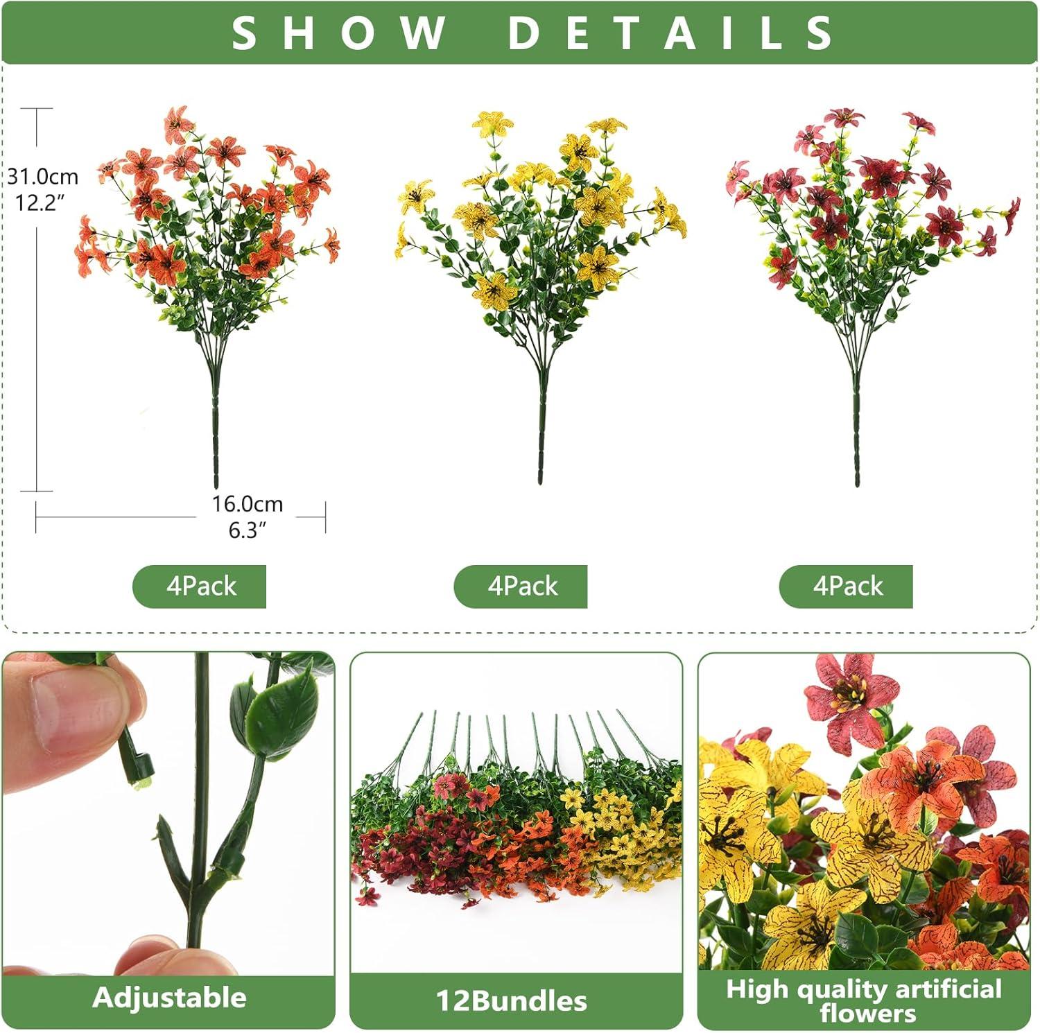 imageHomsunny Artificial Mums Fake Flowers for Outdoors Decoration 12 Bundles Faux Silk Daisy Plants UV Resistant for Outside Garden Front Door Porch Planter Patio Yard MixYellow Brown Orange a