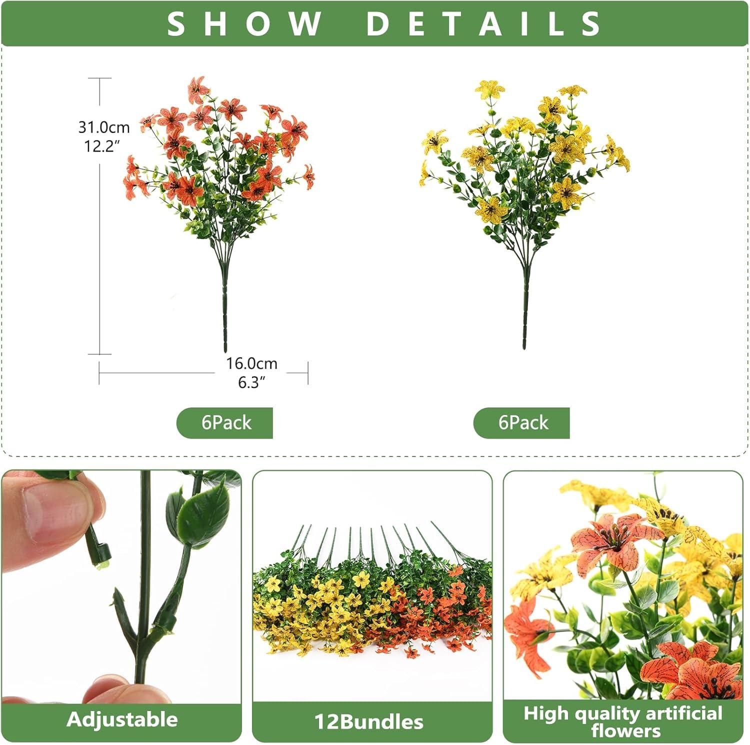 imageHomsunny Artificial Mums Fake Flowers for Outdoors Decoration 12 Bundles Faux Silk Daisy Plants UV Resistant for Outside Garden Front Door Porch Planter Patio Yard MixOrange Yellow Green