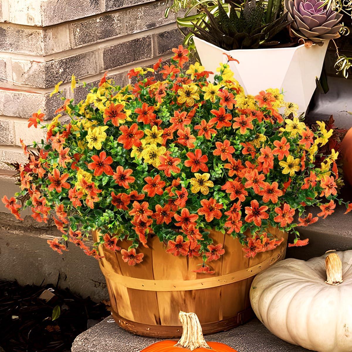 imageHomsunny Artificial Mums Fake Flowers for Outdoors Decoration 12 Bundles Faux Silk Daisy Plants UV Resistant for Outside Garden Front Door Porch Planter Patio Yard MixOrange Yellow Green