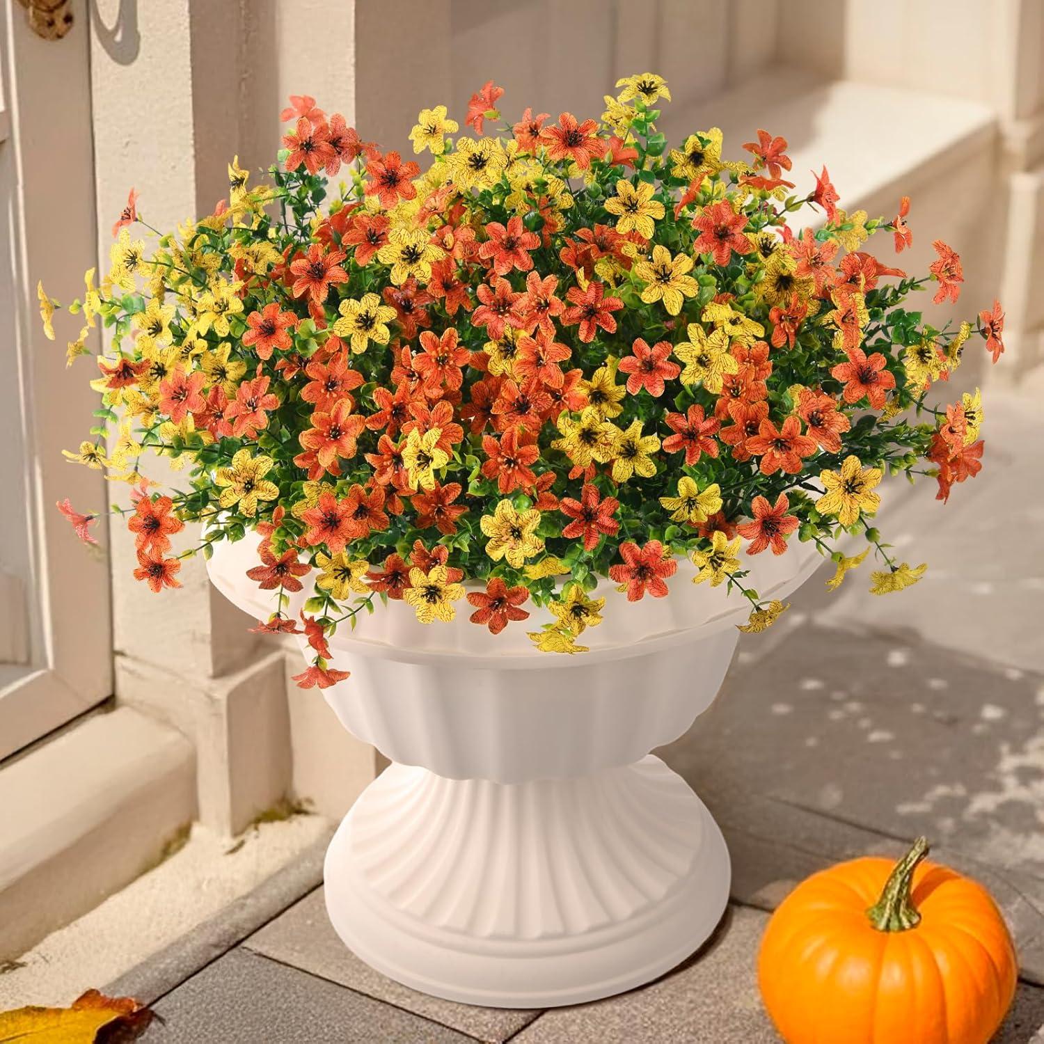 imageHomsunny Artificial Mums Fake Flowers for Outdoors Decoration 12 Bundles Faux Silk Daisy Plants UV Resistant for Outside Garden Front Door Porch Planter Patio Yard MixOrange Yellow Green