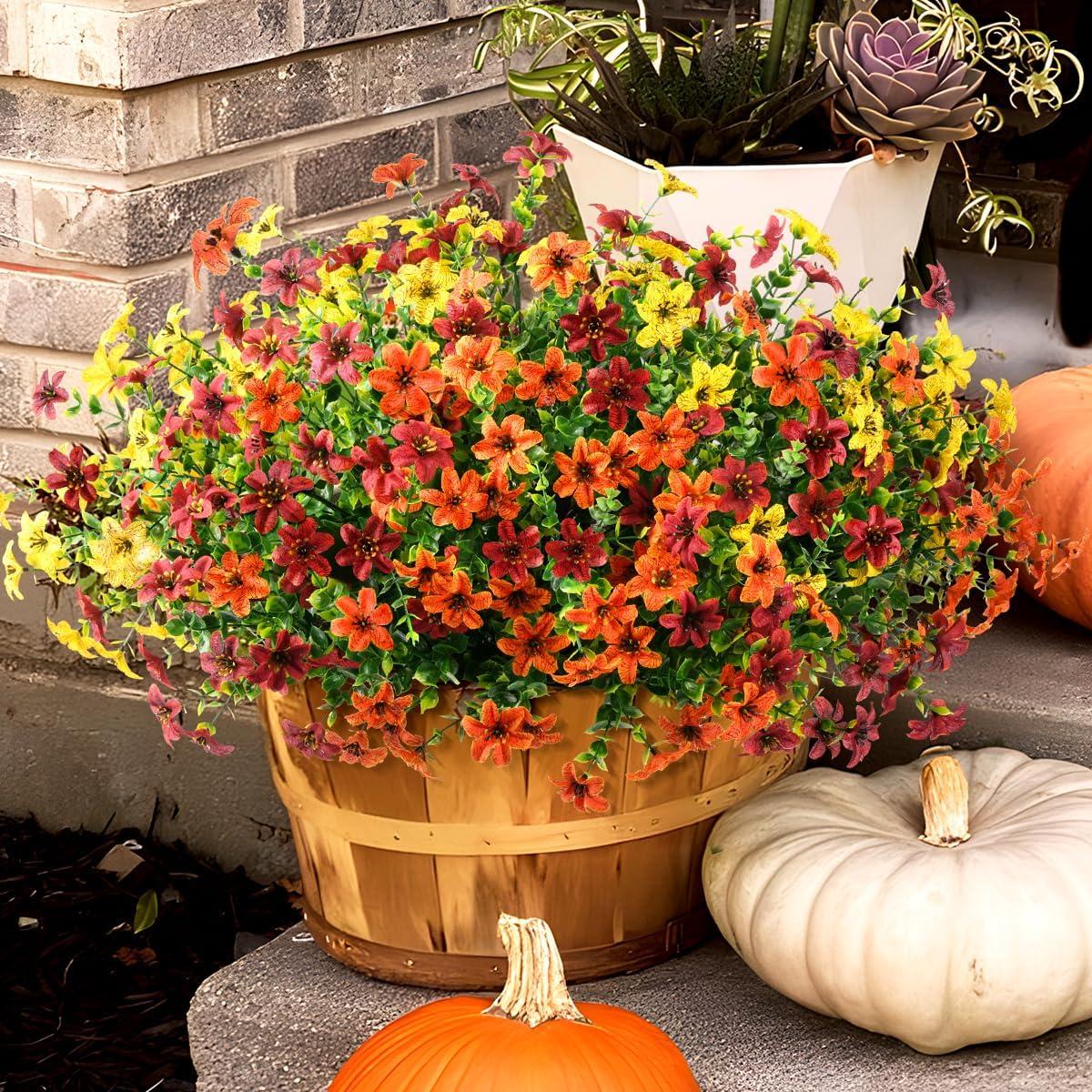 imageHomsunny Artificial Mums Fake Flowers for Outdoors Decoration 12 Bundles Faux Silk Daisy Plants UV Resistant for Outside Garden Front Door Porch Planter Patio Yard MixYellow Brown Orange a