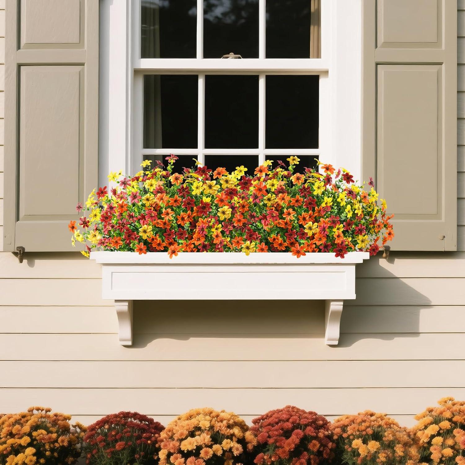 imageHomsunny Artificial Mums Fake Flowers for Outdoors Decoration 12 Bundles Faux Silk Daisy Plants UV Resistant for Outside Garden Front Door Porch Planter Patio Yard MixYellow Brown Orange a