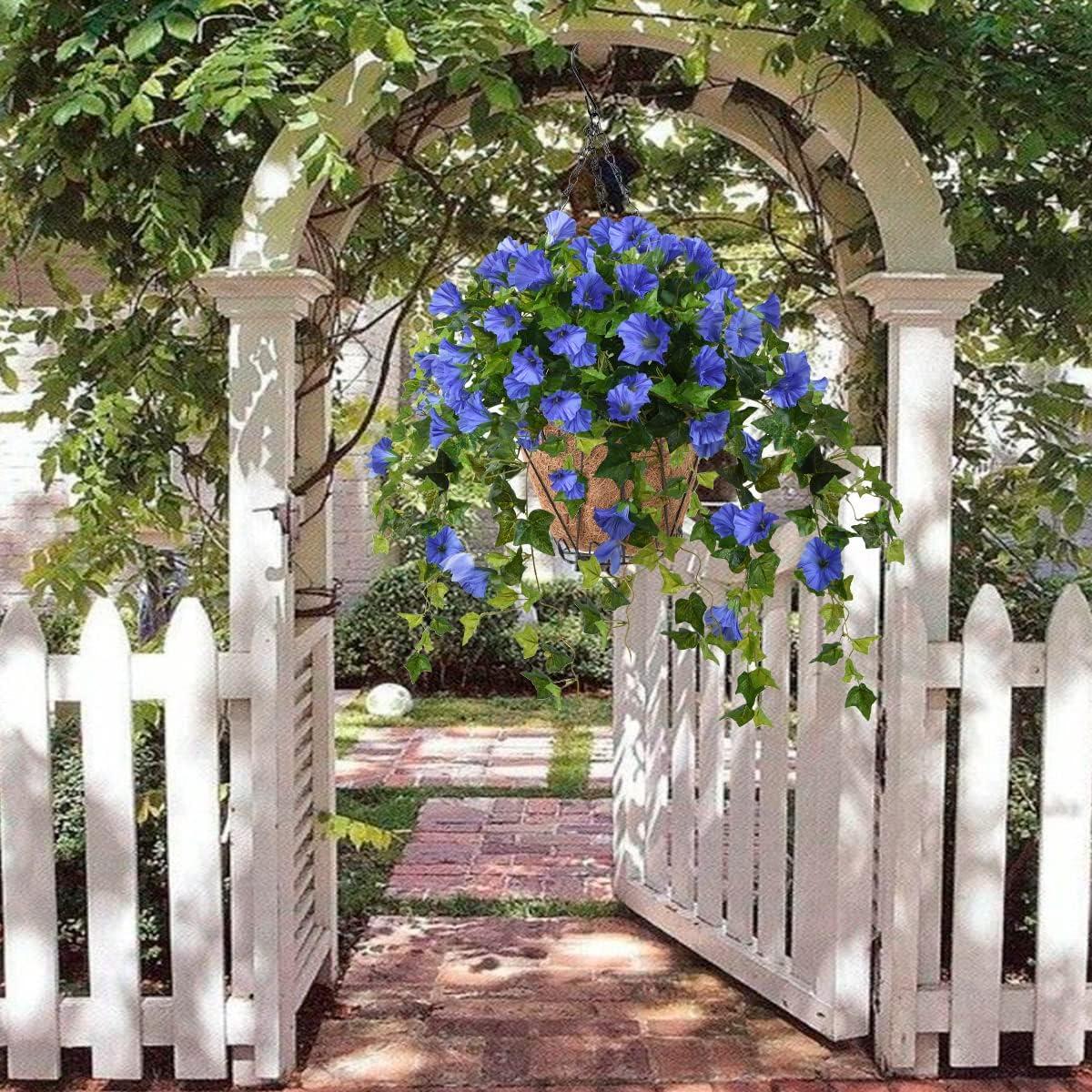 imageHomsunny Artificial Vine Silk Petunia Flowers Fake Hanging Plant in Basket Coconut Lining Pot Porch Decoration for Patio Lawn Garden Spring DecorBlueBlue