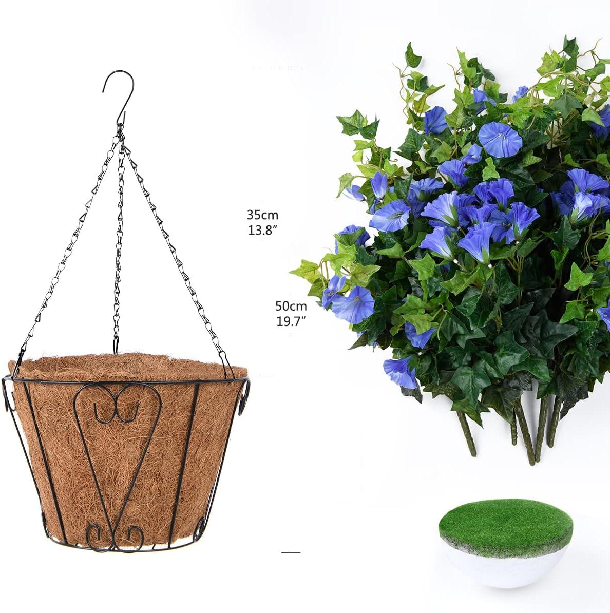 imageHomsunny Artificial Vine Silk Petunia Flowers Fake Hanging Plant in Basket Coconut Lining Pot Porch Decoration for Patio Lawn Garden Spring DecorBlueBlue
