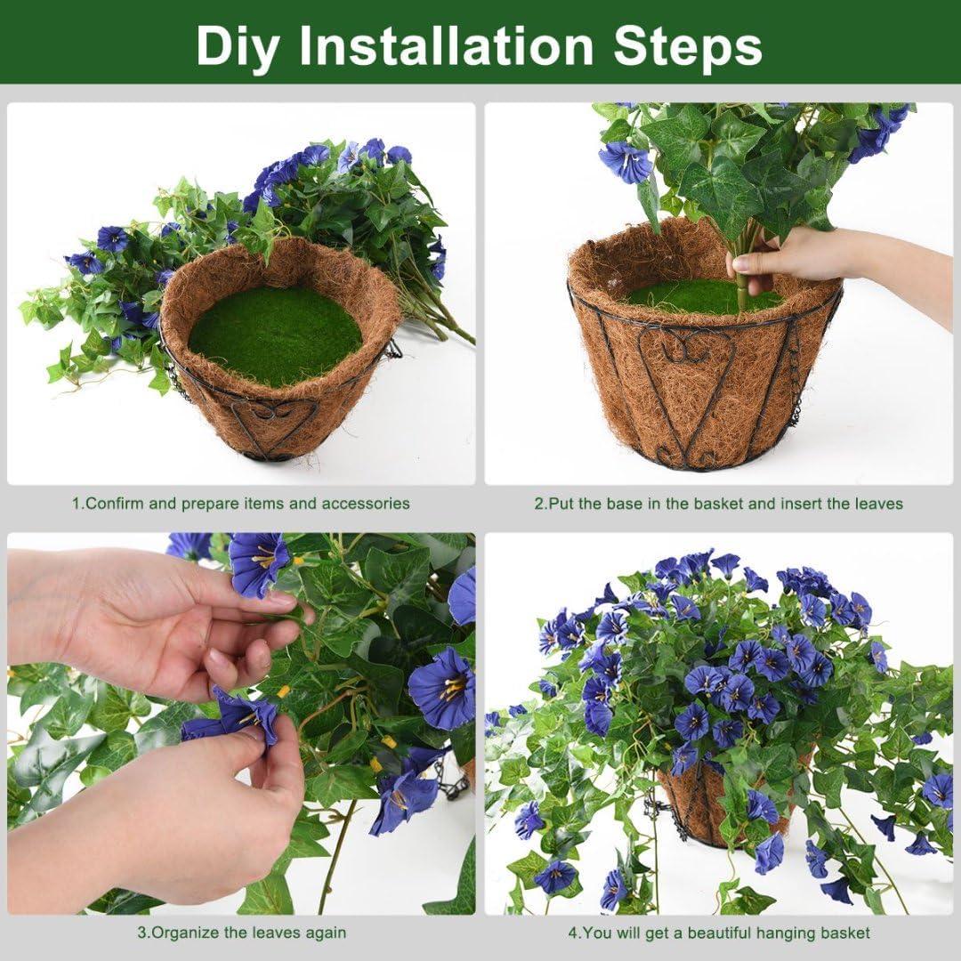 imageHomsunny Artificial Vine Silk Petunia Flowers Fake Hanging Plant in Basket Coconut Lining Pot Porch Decoration for Patio Lawn Garden Spring DecorBlueBlue