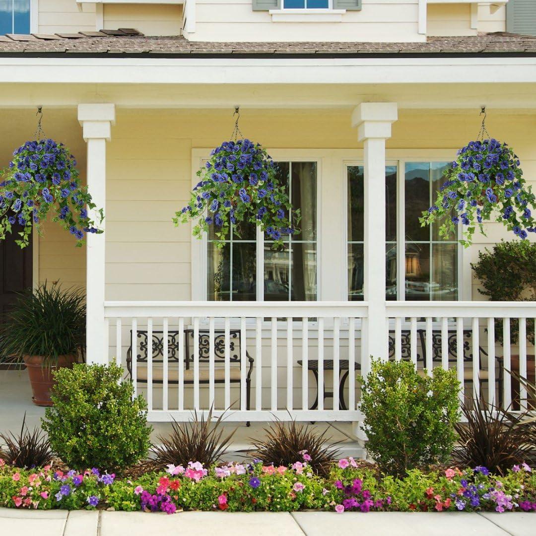 imageHomsunny Artificial Vine Silk Petunia Flowers Fake Hanging Plant in Basket Coconut Lining Pot Porch Decoration for Patio Lawn Garden Spring DecorBlueBlue