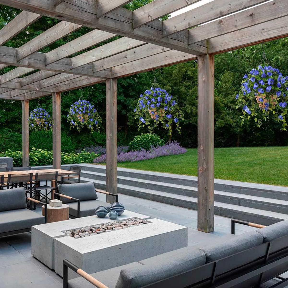 imageHomsunny Artificial Vine Silk Petunia Flowers Fake Hanging Plant in Basket Coconut Lining Pot Porch Decoration for Patio Lawn Garden Spring DecorBlueBlue