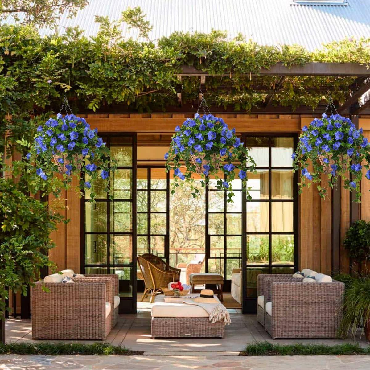 imageHomsunny Artificial Vine Silk Petunia Flowers Fake Hanging Plant in Basket Coconut Lining Pot Porch Decoration for Patio Lawn Garden Spring DecorBlueBlue