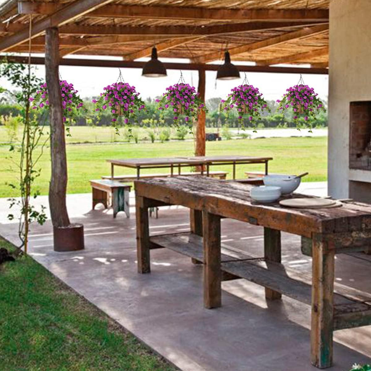 imageHomsunny Artificial Vine Silk Petunia Flowers Fake Hanging Plant in Basket Coconut Lining Pot Porch Decoration for Patio Lawn Garden Spring DecorBluePurple