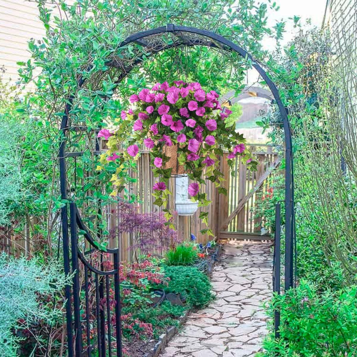 imageHomsunny Artificial Vine Silk Petunia Flowers Fake Hanging Plant in Basket Coconut Lining Pot Porch Decoration for Patio Lawn Garden Spring DecorBluePurple