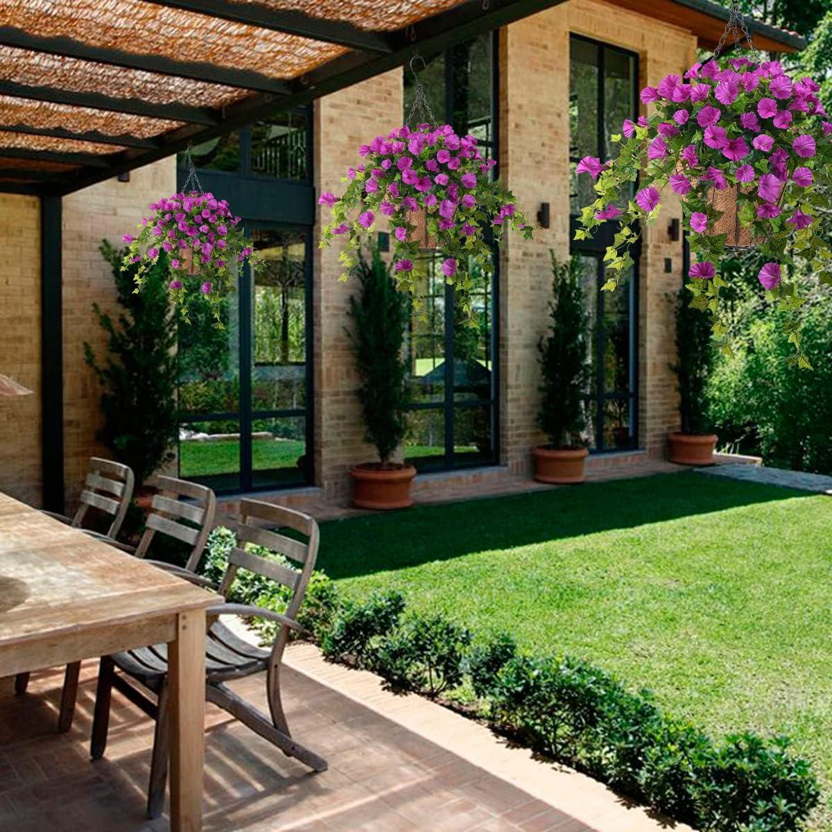 imageHomsunny Artificial Vine Silk Petunia Flowers Fake Hanging Plant in Basket Coconut Lining Pot Porch Decoration for Patio Lawn Garden Spring DecorBluePurple