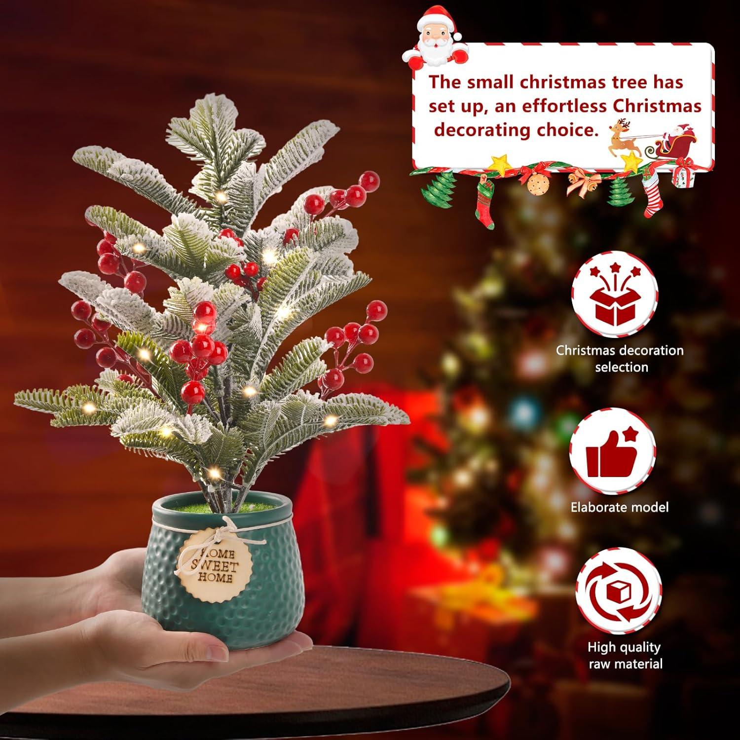 imageSmall Artificial Mini Tabletop Christmas Tree Xmas Decorations14 Inch Cedar Tree with Red Berry Ornaments for Table Top Office Desk Classroom Room Home Winter Holiday Decor Green Pot