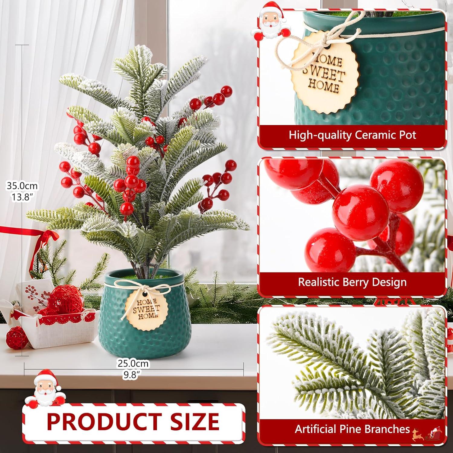 imageSmall Artificial Mini Tabletop Christmas Tree Xmas Decorations14 Inch Cedar Tree with Red Berry Ornaments for Table Top Office Desk Classroom Room Home Winter Holiday Decor Green Pot