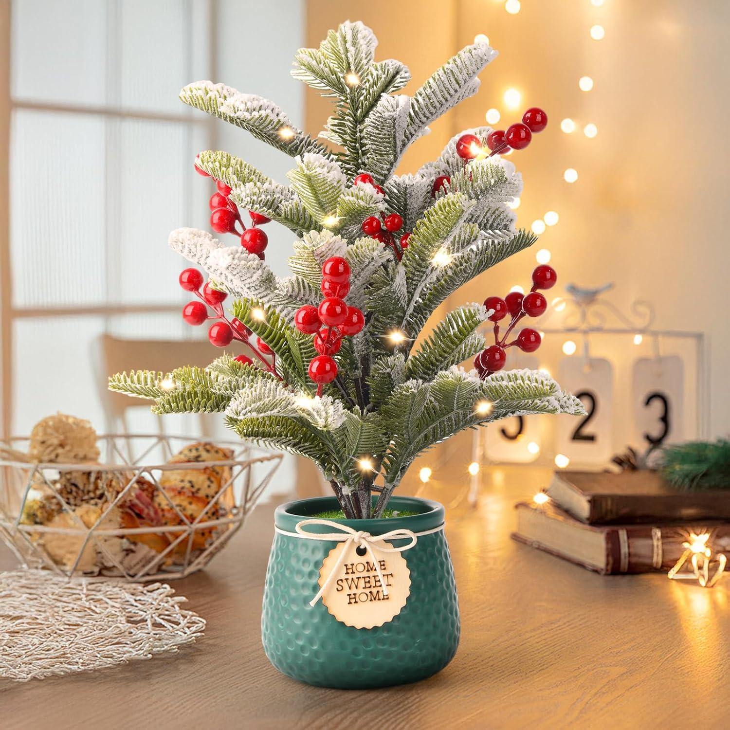 imageSmall Artificial Mini Tabletop Christmas Tree Xmas Decorations14 Inch Cedar Tree with Red Berry Ornaments for Table Top Office Desk Classroom Room Home Winter Holiday Decor Green Pot