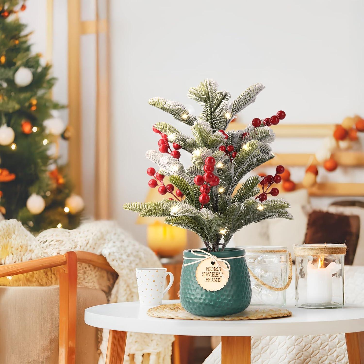 imageSmall Artificial Mini Tabletop Christmas Tree Xmas Decorations14 Inch Cedar Tree with Red Berry Ornaments for Table Top Office Desk Classroom Room Home Winter Holiday Decor Green Pot