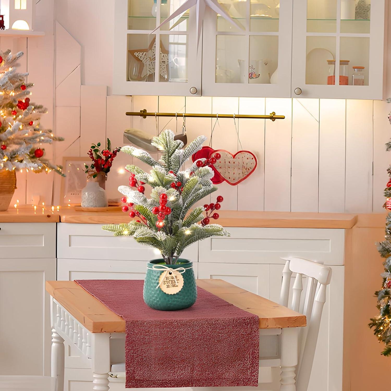 imageSmall Artificial Mini Tabletop Christmas Tree Xmas Decorations14 Inch Cedar Tree with Red Berry Ornaments for Table Top Office Desk Classroom Room Home Winter Holiday Decor Green Pot