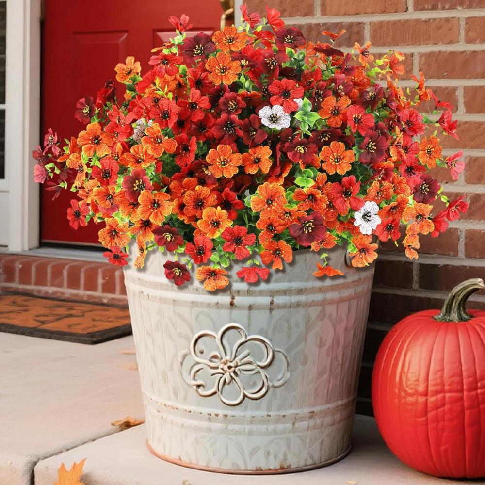 imageArtificial Fake Fall Flowers for Outdoor Decoration 12 Bundles Faux Silk Daisy Artificial Fall Flowers Mums Outside UV Resisitant Planter Pot Front Porch Garden Patio HomeRedbrownwhiteorange