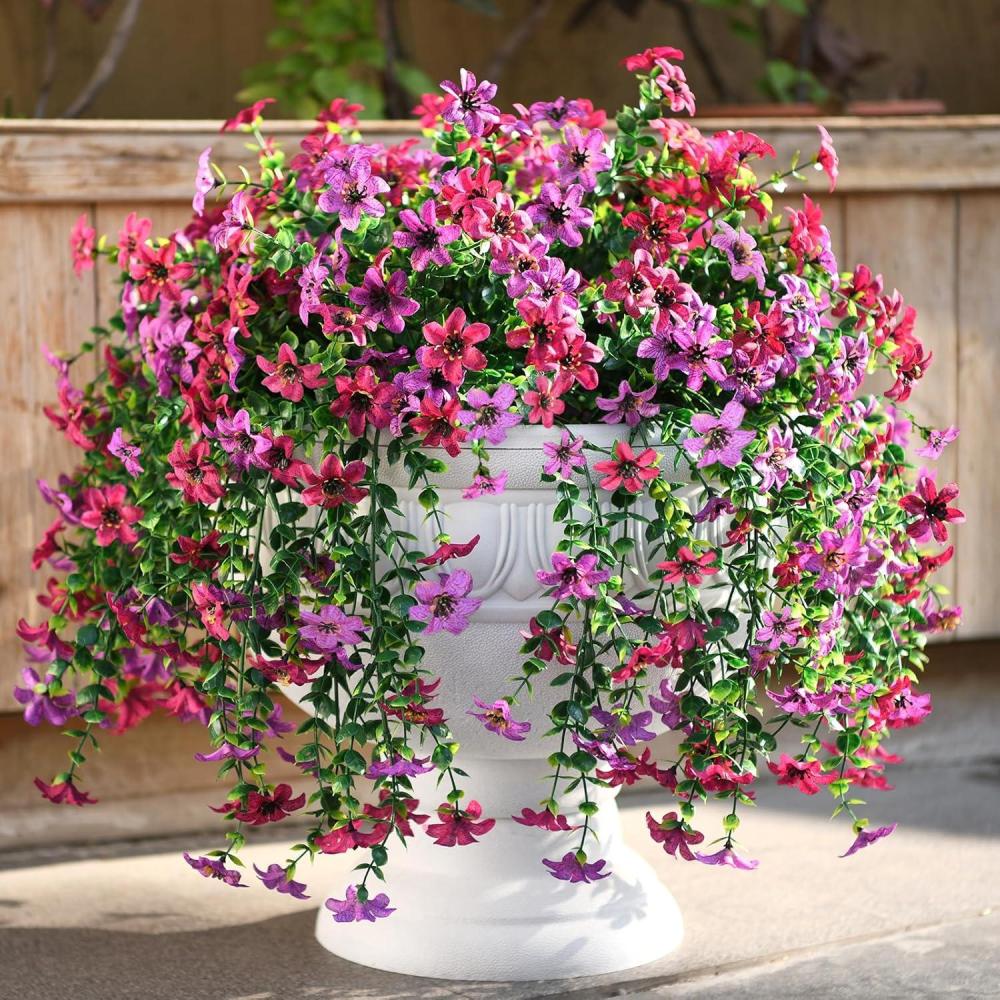 imageArtificial Fake Hanging Flowers Plants for Outdoor Spring Decoration 2 PCS Faux Silk Daisy Flower UV Resistant Look Real for Outside Patio Porch Garden Balcony Yard Home Summer DecorPerple BlueMix Purple