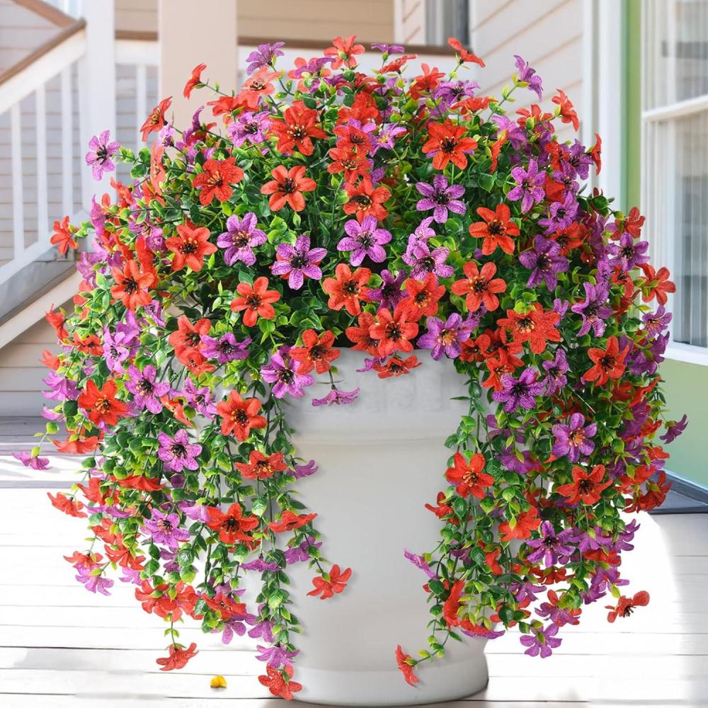 imageArtificial Fake Hanging Flowers Plants for Outdoor Spring Decoration 2 PCS Faux Silk Daisy Flower UV Resistant Look Real for Outside Patio Porch Garden Balcony Yard Home Summer DecorPerple BlueRed Purple