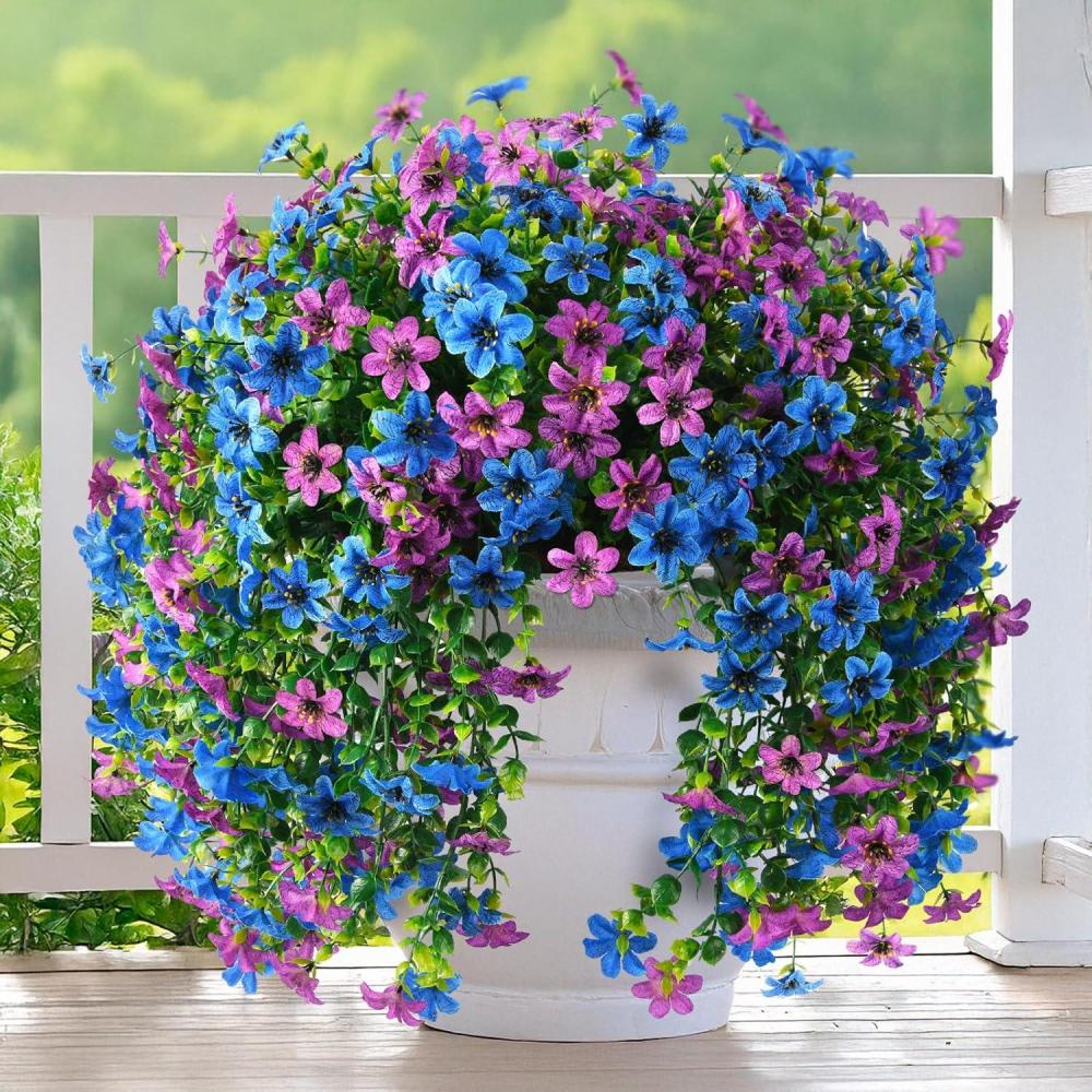 imageArtificial Fake Hanging Flowers Plants for Outdoor Spring Decoration 2 PCS Faux Silk Daisy Flower UV Resistant Look Real for Outside Patio Porch Garden Balcony Yard Home Summer DecorPerple BluePurple Blue