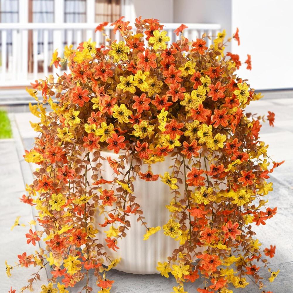 imageArtificial Fake Hanging Flowers Plants for Outdoor Spring Decoration 2 PCS Faux Silk Daisy Flower UV Resistant Look Real for Outside Patio Porch Garden Balcony Yard Home Summer DecorPerple BlueC Orange Yellow