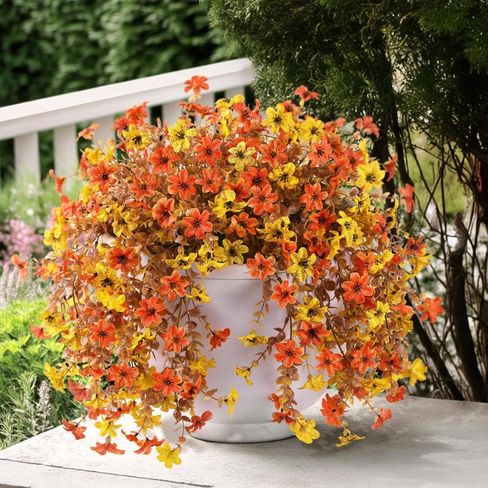 imageArtificial Fake Hanging Flowers Plants for Outdoor Spring Decoration 2 PCS Faux Silk Daisy Flower UV Resistant Look Real for Outside Patio Porch Garden Balcony Yard Home Summer DecorPerple BlueD Orange Yellow