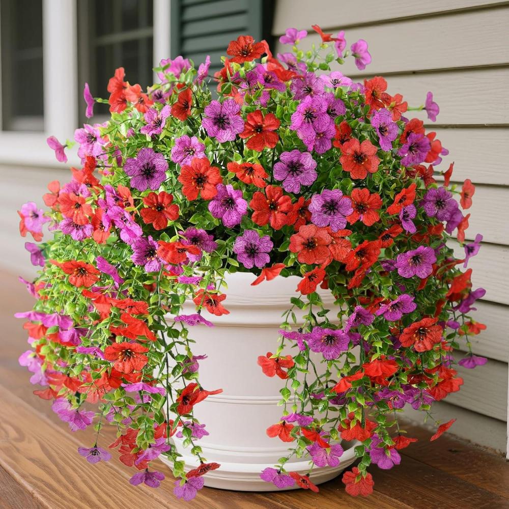 imageArtificial Fake Hanging Flowers Plants for Outdoor Spring Decorations 2PCS Faux Daisy Silk Flower Outside No Fade UV Resistant Realistic Home Decor for Porch Patio Window Box ChujuDHRedRed Purple