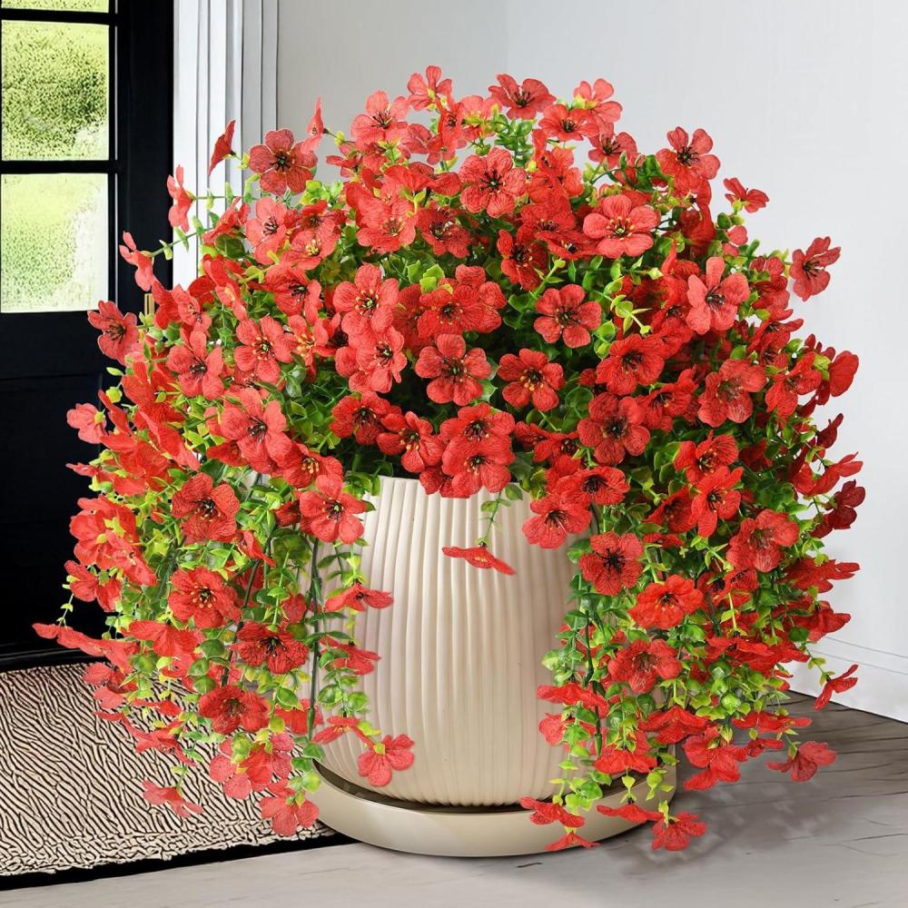 imageArtificial Fake Hanging Flowers Plants for Outdoor Spring Decorations 2PCS Faux Daisy Silk Flower Outside No Fade UV Resistant Realistic Home Decor for Porch Patio Window Box ChujuDHRedRed