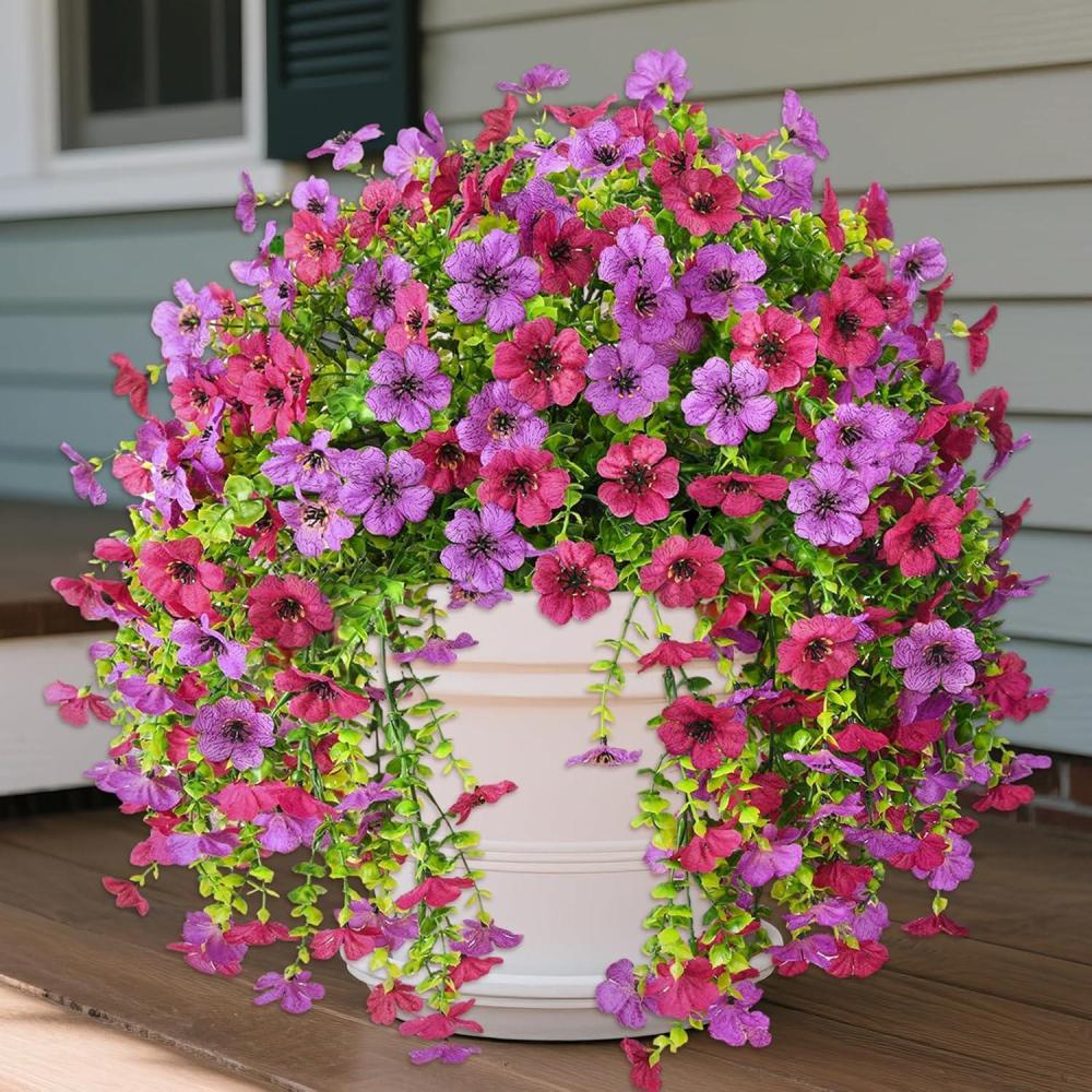 imageArtificial Fake Hanging Flowers Plants for Outdoor Spring Decorations 2PCS Faux Daisy Silk Flower Outside No Fade UV Resistant Realistic Home Decor for Porch Patio Window Box ChujuDHRedMix Purple