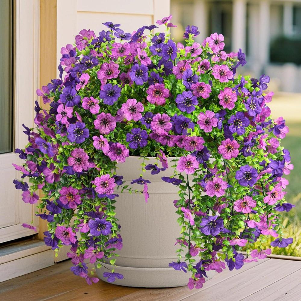 imageArtificial Fake Hanging Flowers Plants for Outdoor Spring Decorations 2PCS Faux Daisy Silk Flower Outside No Fade UV Resistant Realistic Home Decor for Porch Patio Window Box ChujuDHRedDouble Purple