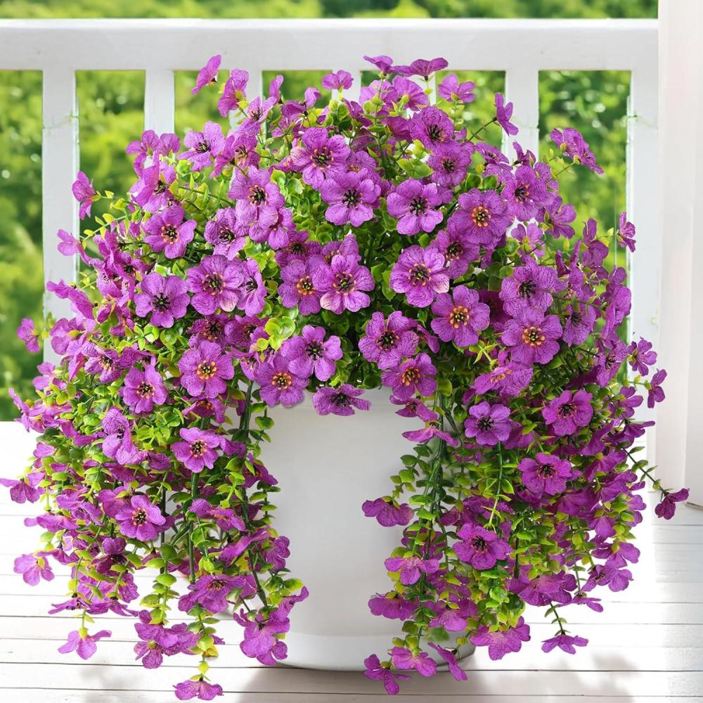 imageArtificial Fake Hanging Flowers Plants for Outdoor Spring Decorations 2PCS Faux Daisy Silk Flower Outside No Fade UV Resistant Realistic Home Decor for Porch Patio Window Box ChujuDHRedPurple