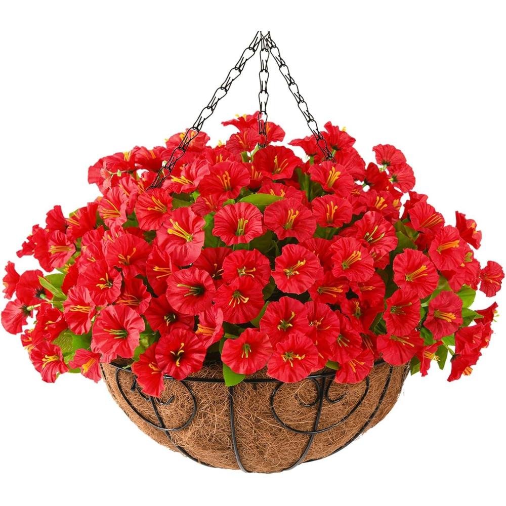 imageArtificial Fake Hanging Flowers with Basket for Outdoors Faux Silk Petunias Flower Spring Summer Decor UV Resistant Look Real for Home Outside Patio Front Porch DecorationsRose Red