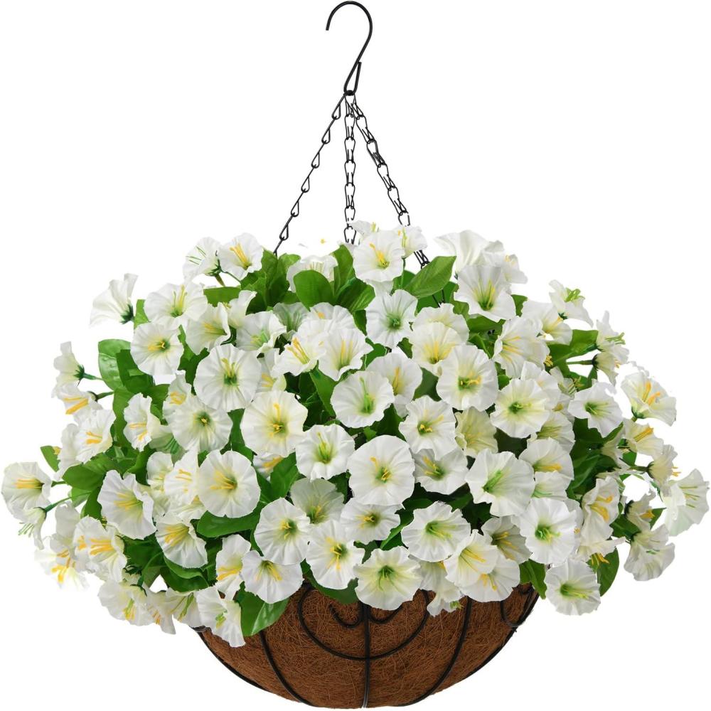 imageArtificial Fake Hanging Flowers with Basket for Outdoors Faux Silk Petunias Flower Spring Summer Decor UV Resistant Look Real for Home Outside Patio Front Porch DecorationsZ Green White