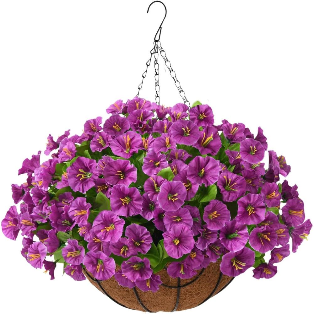 imageArtificial Fake Hanging Flowers with Basket for Outdoors Faux Silk Petunias Flower Spring Summer Decor UV Resistant Look Real for Home Outside Patio Front Porch DecorationsZ Purple