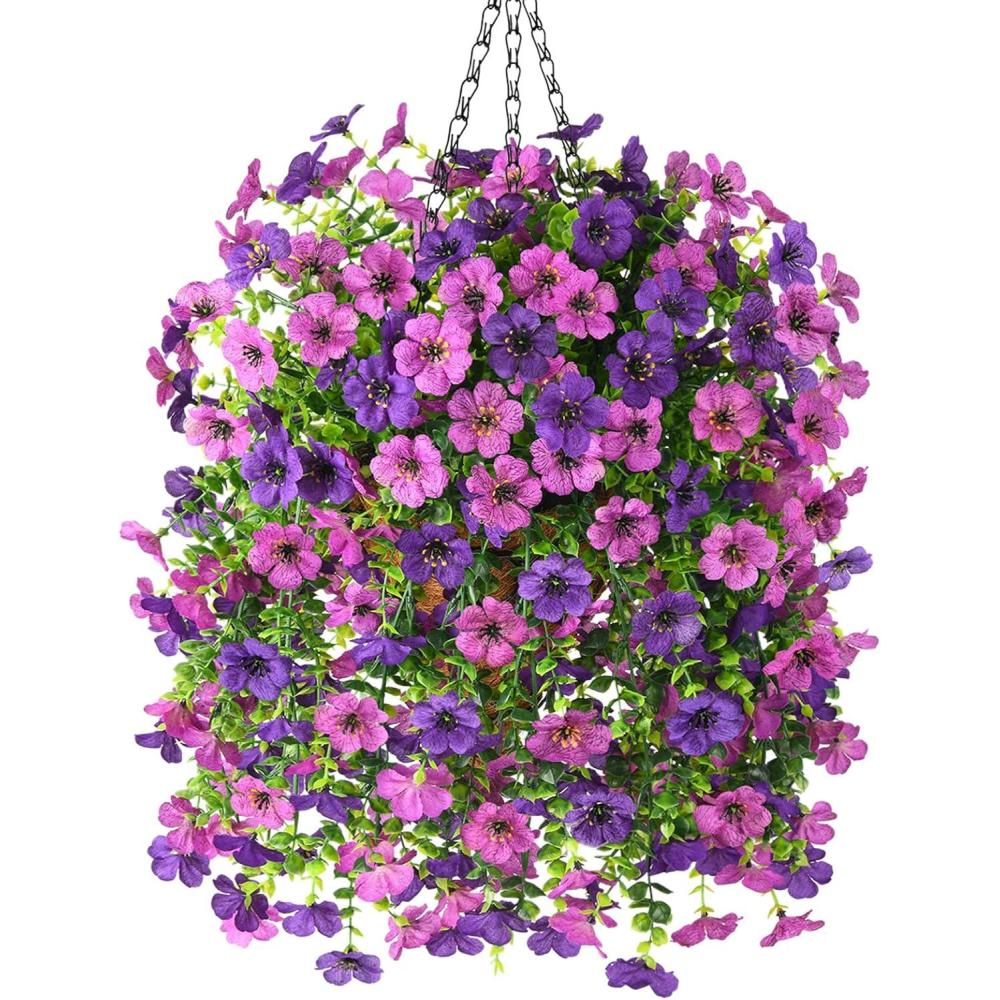 imageArtificial Fake Hanging Plants Flowers Baskets for Outdoor Outside Spring DecorFaux Silk Daisy UV Resistant Look Real Summer Decorations for Home Porch Patio Yard GardenRedMix Purple