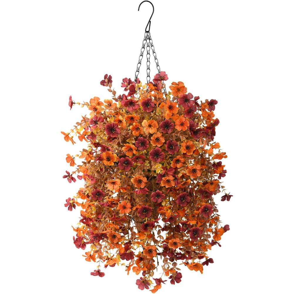 imageArtificial Fake Hanging Plants Flowers Baskets for Outdoor Outside Spring DecorFaux Silk Daisy UV Resistant Look Real Summer Decorations for Home Porch Patio Yard GardenRedDark Orange