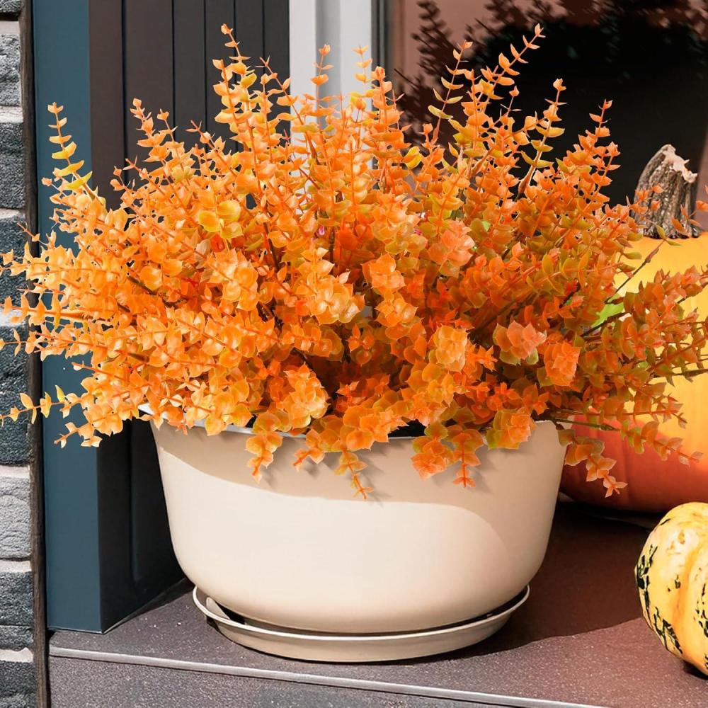 imageArtificial Faux Plants Flowers for Outdoor Fall Decoration12 PCS Fake Eucalyptus Plastic Boxwood Shrubs Realistic UV Resistant for Front Porch Patio Balcony Yard Home Light BrownLight Brown