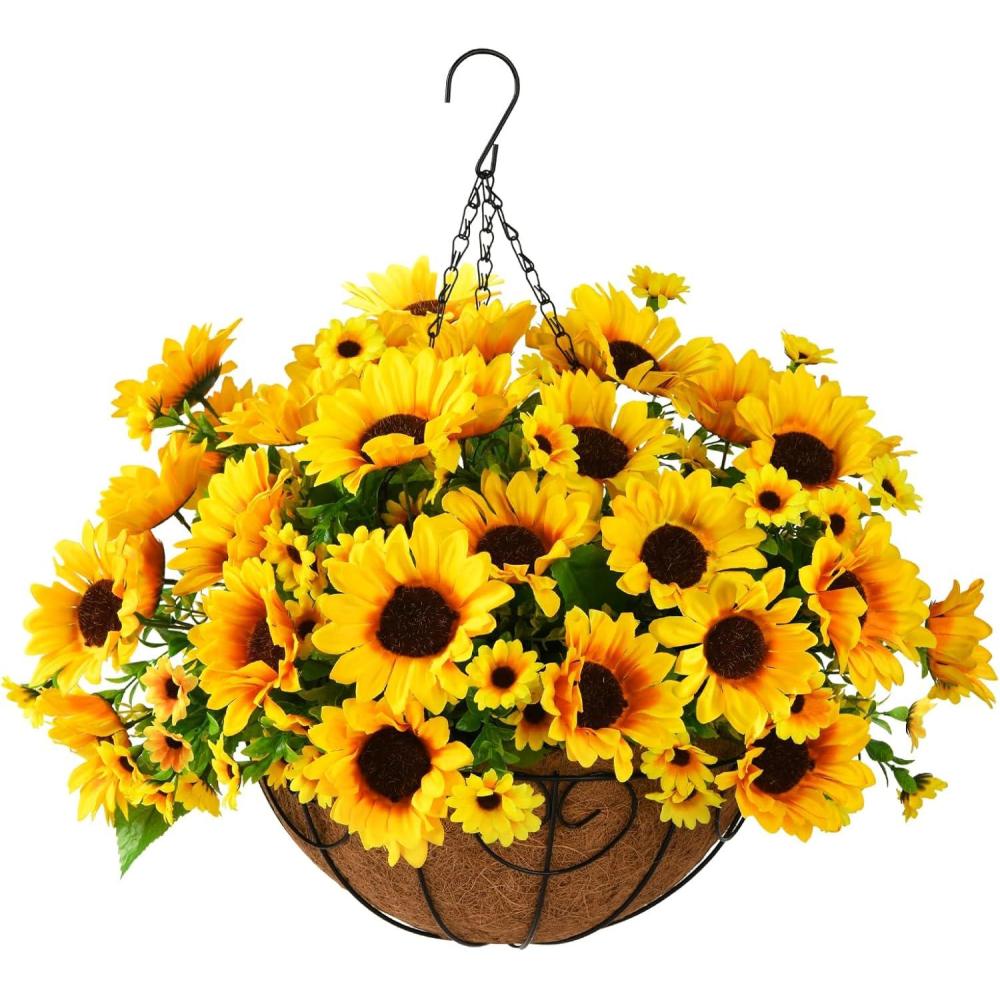 imageArtificial Flowers with Ceramics Vase for Fall Decoration 5 Pcs Sunflowers Fake Silk Flower Arrangements Faux Floral Centerpieces for Tables Dinning Room Office Tabletop Home DecorRipple VaseYellow