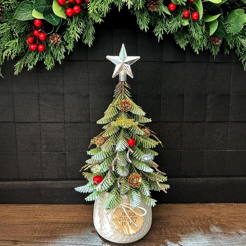 imageArtificial Mini Christmas Tree Tabletop Decorations13 Inch Small Xmas Tree with Red Berry Ornaments for Table Top Office Desk Classroom Room Holiday Christmas Decor Silver Star
