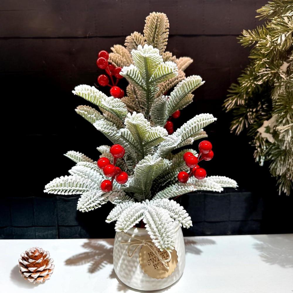 imageArtificial Mini Christmas Tree Tabletop Xmas Decorations14 Inch Small Cedar Tree with Red Berry Ornaments for Table Top Office Desk Classroom Room Party Holiday Christmas Decor White Pot