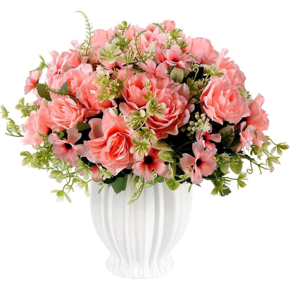 imageFake Gardenia Flowers with Ceramics Vase Silk Flower Arrangements Artificial Flowers in Vase for Homes Offices Dinning Roon Table Kitchen Desktop Decorate Sunset red