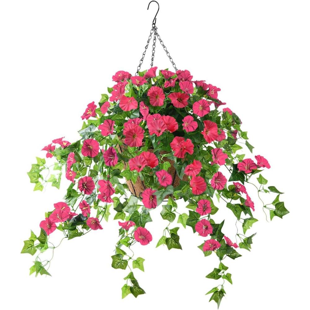 imageHanging Basket with Artificial Vine Fake Silk Flowers Plants for Outdoor Indoor Coconut Lining Basket for Patio Lawn Garden Porch Home Spring Decor RedRed