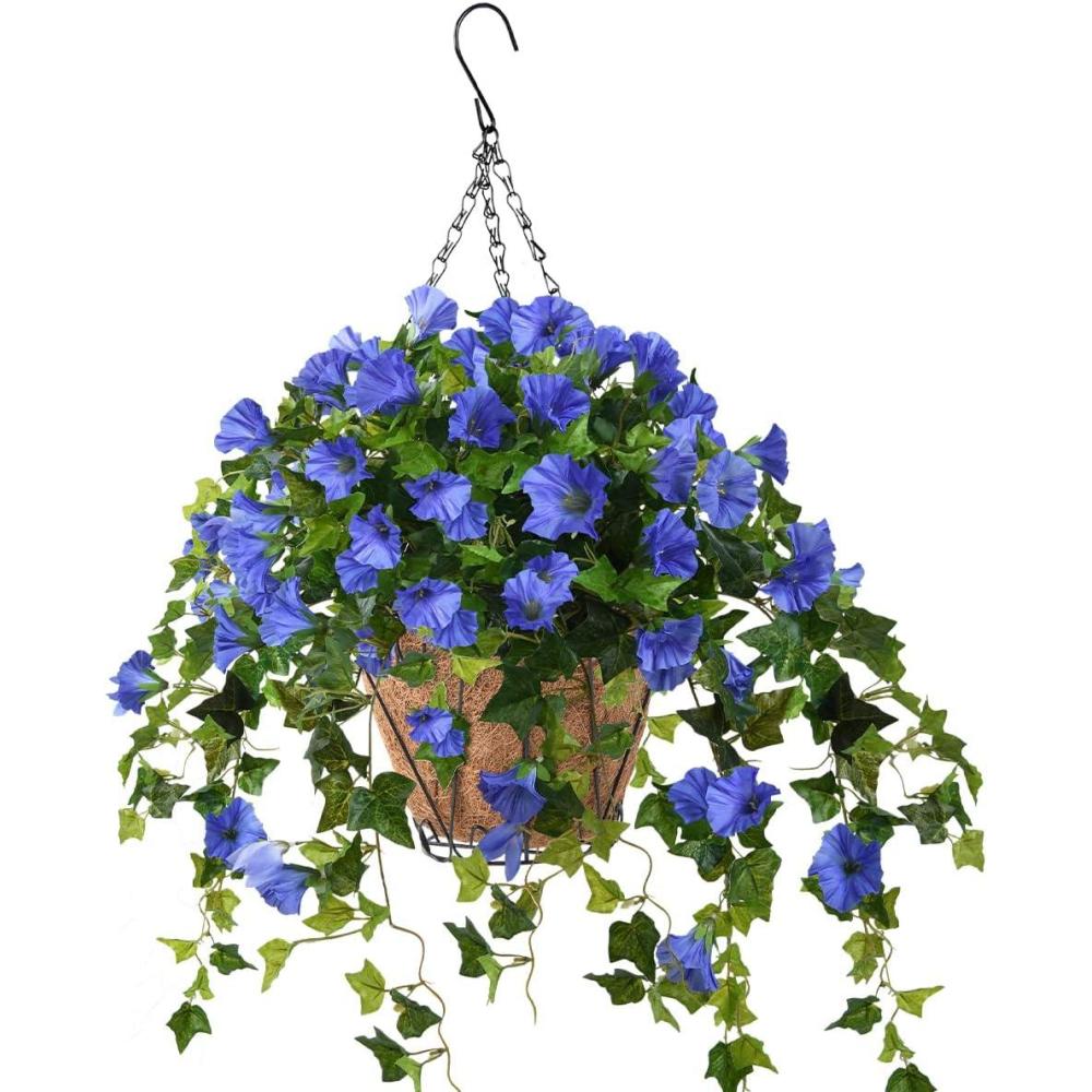 imageHanging Basket with Artificial Vine Fake Silk Flowers Plants for Outdoor Indoor Coconut Lining Basket for Patio Lawn Garden Porch Home Spring Decor RedBlue