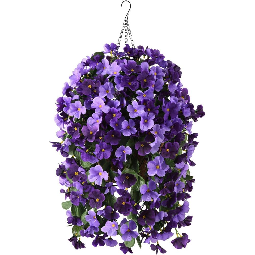 imageHomsunny Artificial Faux Flowers Plants Hanging Basket for Outdoors Spring Decor Fake Hanging Flower UV Resisitant Silk Begonia in Planter for Outside Porch Patio BalconyDeep Purplelight Purple