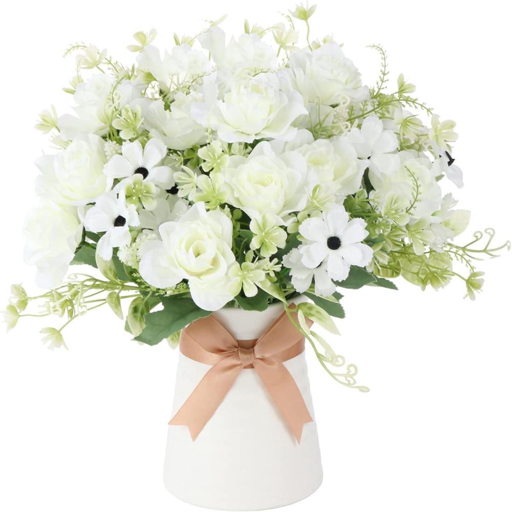 imageHomsunny Artificial Flowers in Vase Fake Gardenia Flowers with Ceramics Vase Silk Flower Arrangements for Homes Offices Dinning Roon Table Kitchen Desktop Decorate White