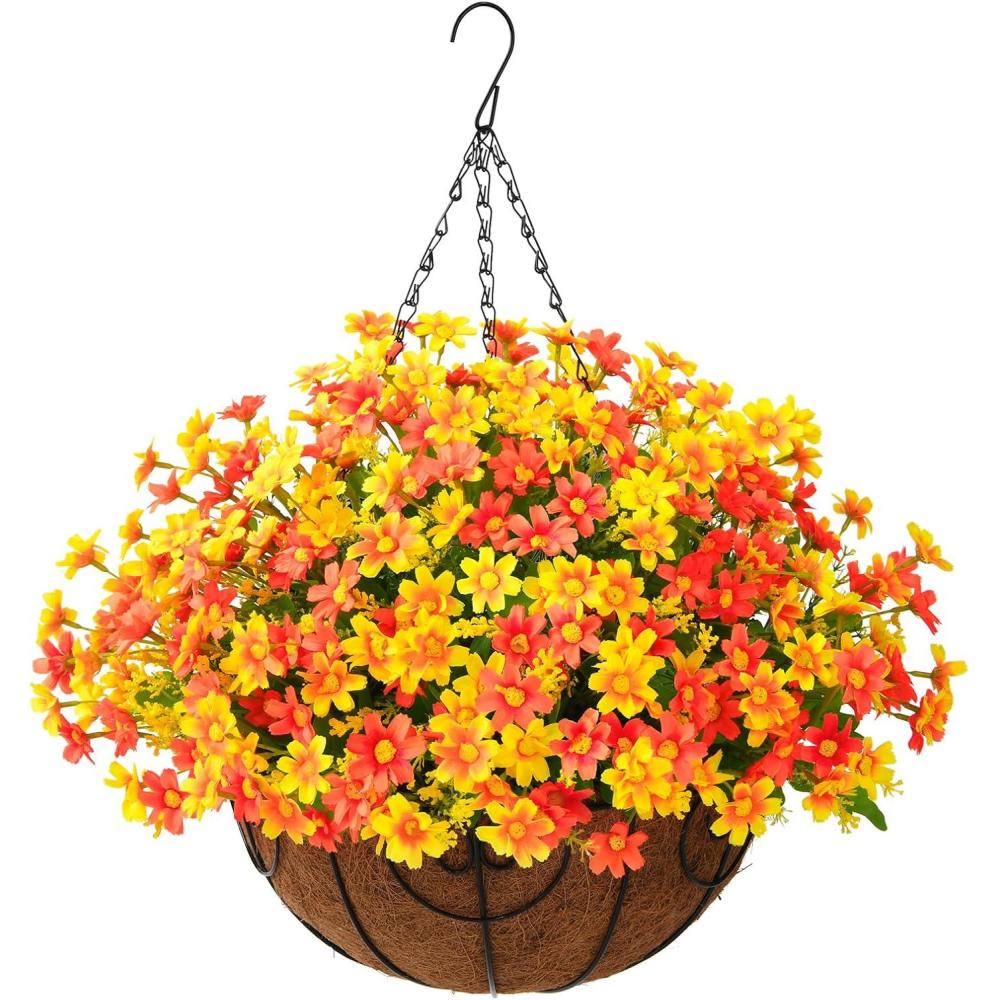 imageHomsunny Artificial Hanging Baskets Flowers Plants Outdoor Porch Spring DecorationFake Silk Flower Daisy Arrangement for Indoor Patio Lawn Garden Home Summer DecorOrangeOrange
