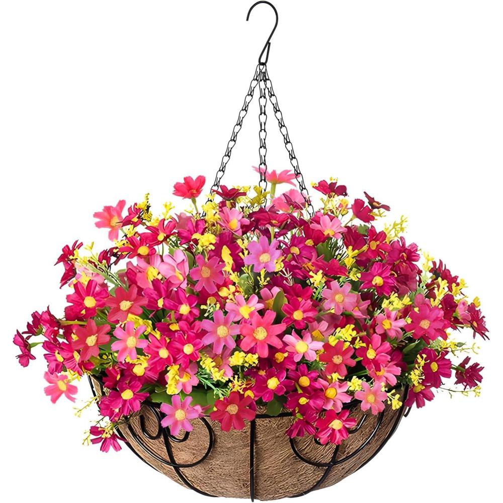 imageHomsunny Artificial Hanging Daisy Flowers Silk With 12 inch Coconut Lining Baskets for The Decoration of Courtyard Outdoors and Indoors Pink